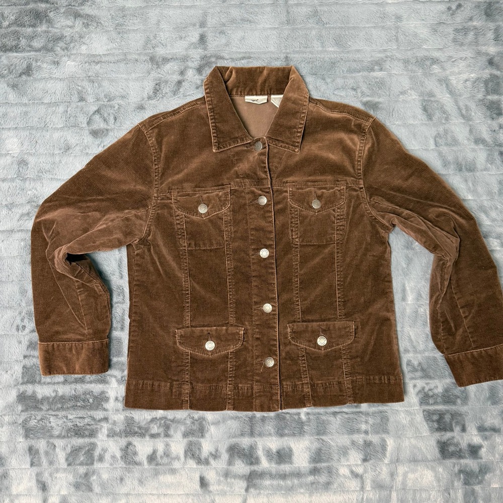 Chico's Corduroy Trucker Jacket Womens 0 Brown Button Front Stretch Collared